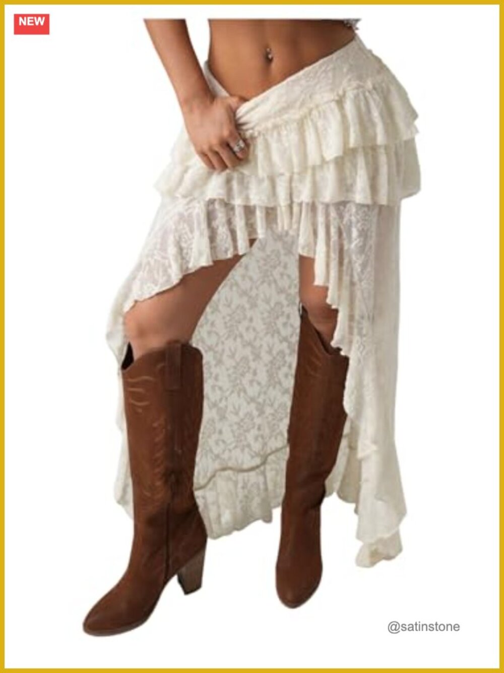 Boho Lace High Low Maxi Skirt w/ Ruffle Trim Layered